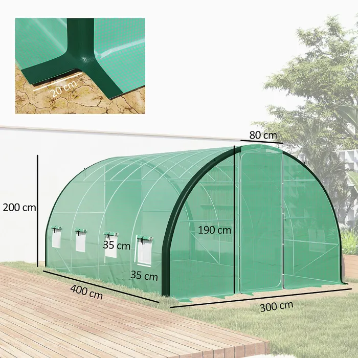 Chilli 4 x 3(m) Polytunnel Greenhouse, with Windows and Doors - Green
