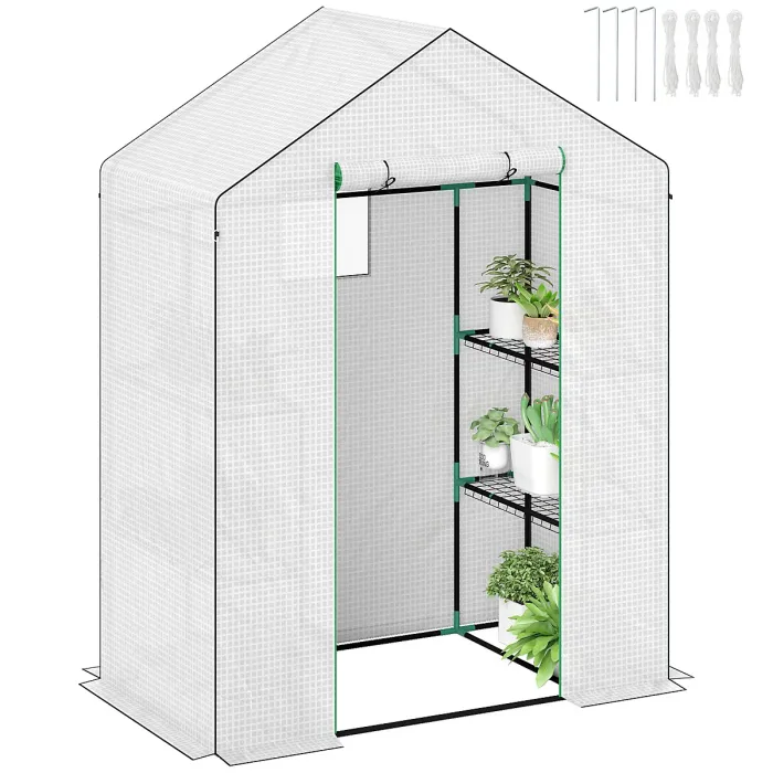 Chilli 143 x 74cm Walk-In Greenhouse, with Shelves - White