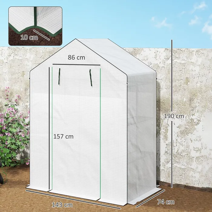 Chilli 143 x 74cm Walk-In Greenhouse, with Shelves - White