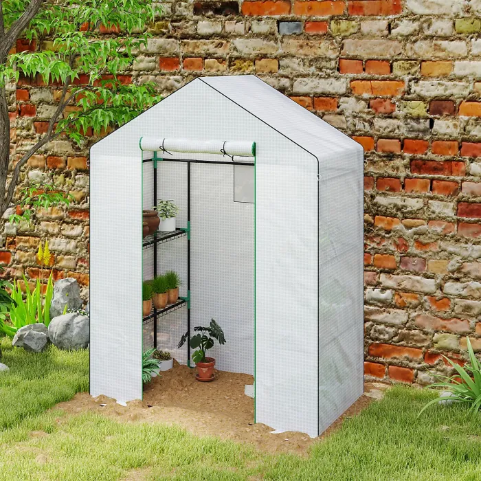 Chilli 143 x 74cm Walk-In Greenhouse, with Shelves - White