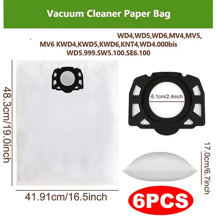6 Pack Fleece Cloth Dust Bags fit Karcher WD2 PLUS WD3 KWD1 KWD3 WD3 Wet & Dry