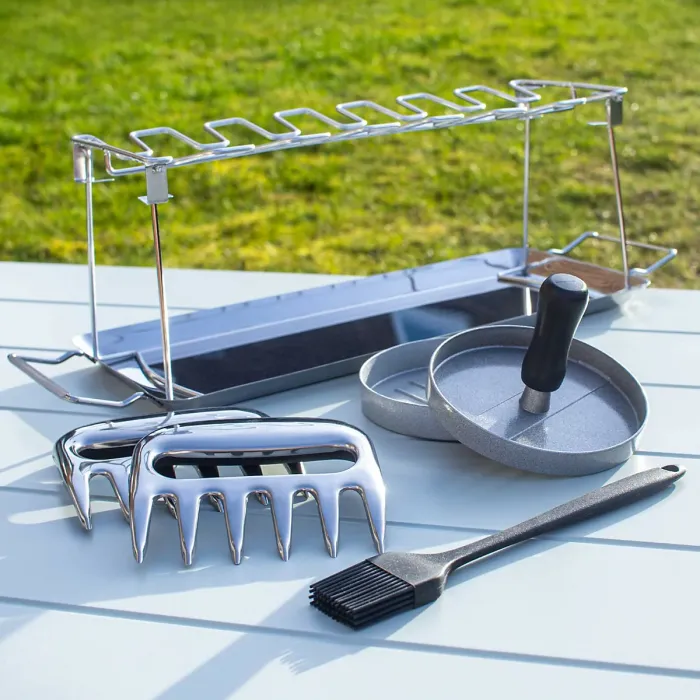 BBQ Accessory Gift Set with Burger Press, Chicken Rack and Meat Claws