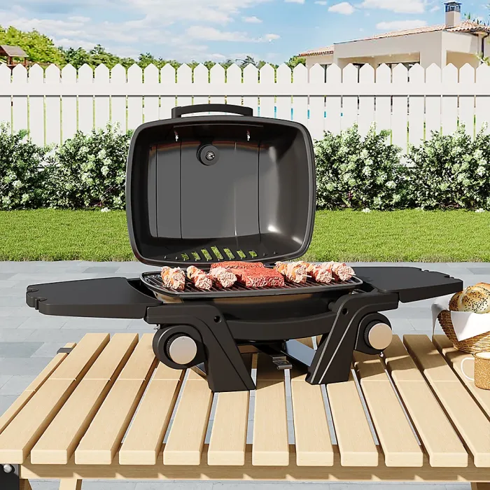 Black Cast Iron Portable Gas Grill Propane Grill with Side Tables