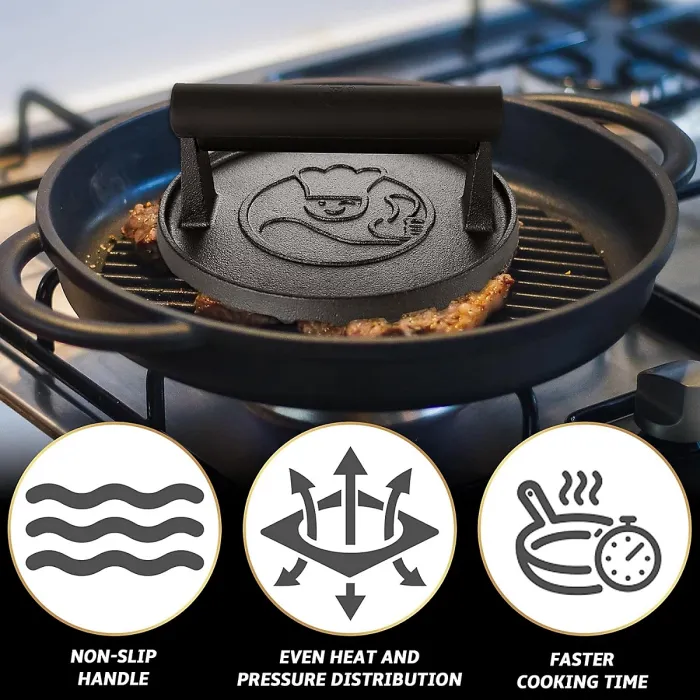 Gourmet Easy Cast Iron Smash Burger & Meat Press - Black