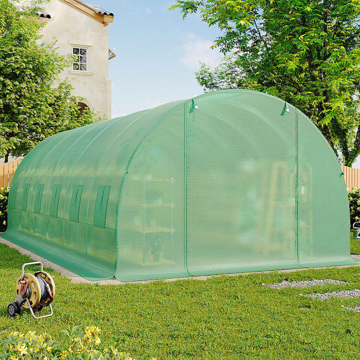 Green Walk In Steel Frame Garden Tunnel Greenhouse with Roll Up Door Windows, 6x3x2M