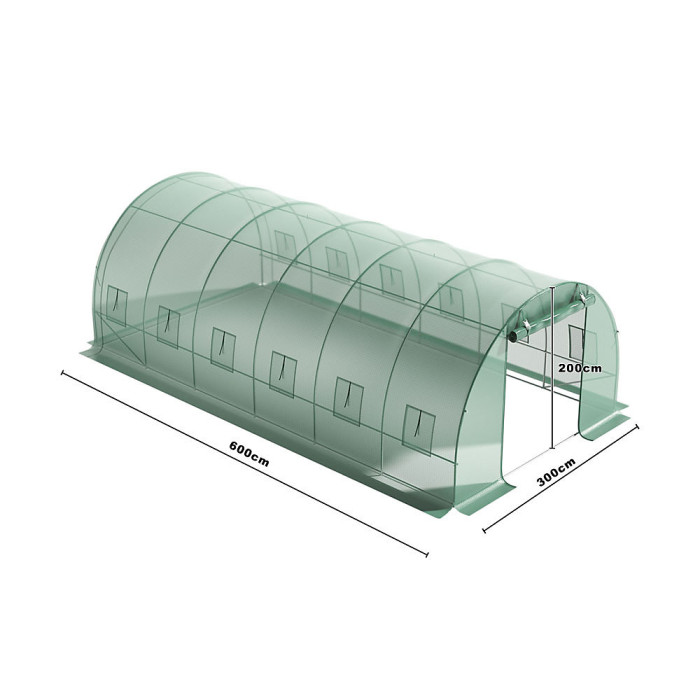 Green Walk In Steel Frame Garden Tunnel Greenhouse with Roll Up Door Windows, 6x3x2M