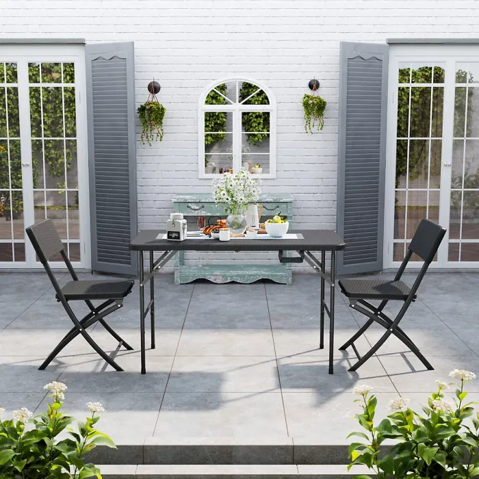 3Pcs Black Rattan Effect Plastic Garden Dining Set Outdoor Folding Camping Table and Chairs Set 4ft