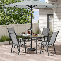 Set of 5 Black Tempered Glass Outdoor Coffee Umbrella Table and Folding Chairs Set 150 cm