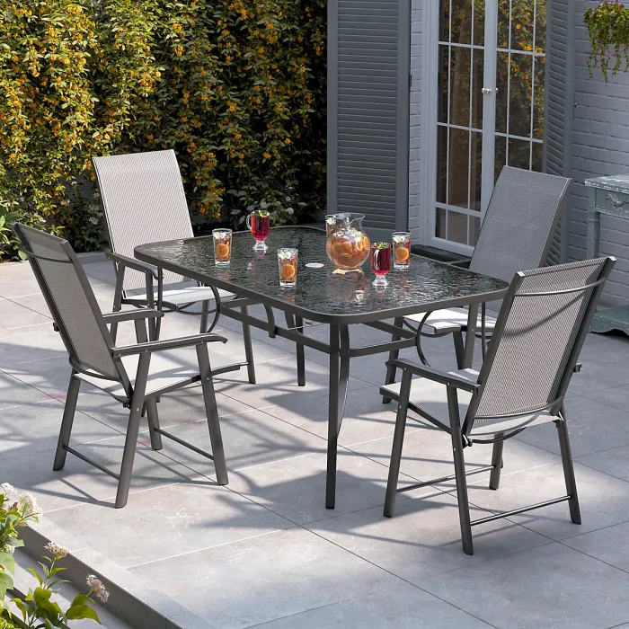 Set of 5 Black Tempered Glass Outdoor Coffee Umbrella Table and Folding Chairs Set 150 cm