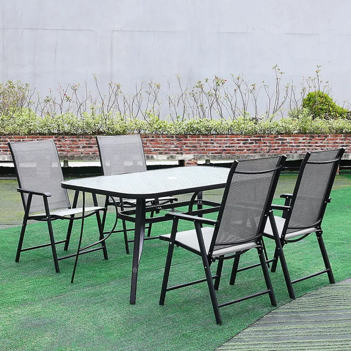 Set of 5 Black Tempered Glass Outdoor Coffee Umbrella Table and Folding Chairs Set 150 cm