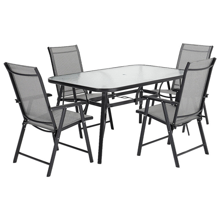 Set of 5 Black Tempered Glass Outdoor Coffee Umbrella Table and Folding Chairs Set 150 cm