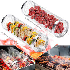 Dyzi Stainless Steel Rolling BBQ Grill Basket Ideal for Vegetables Fish and Meats