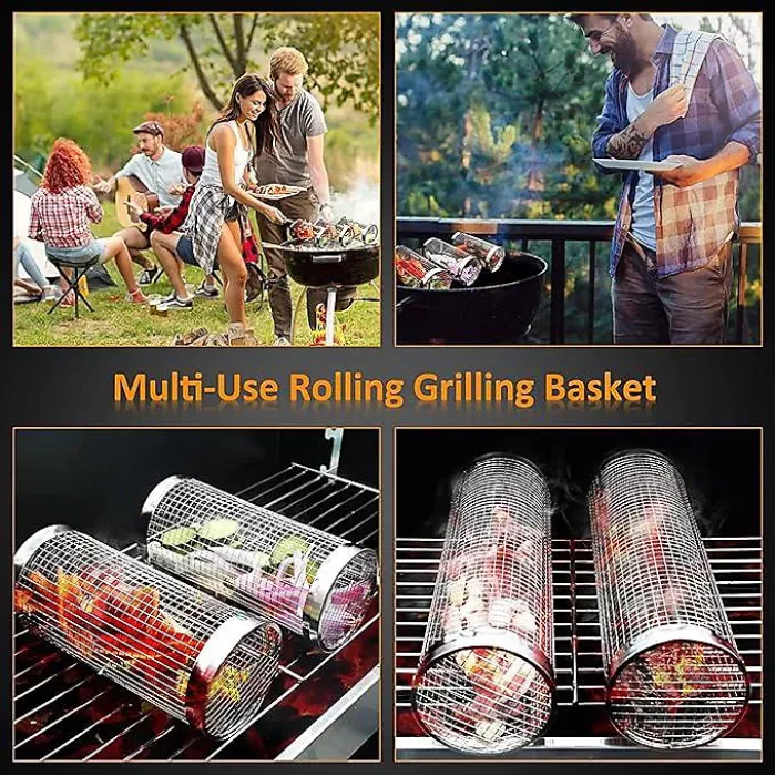 Dyzi Stainless Steel Rolling BBQ Grill Basket Ideal for Vegetables Fish and Meats