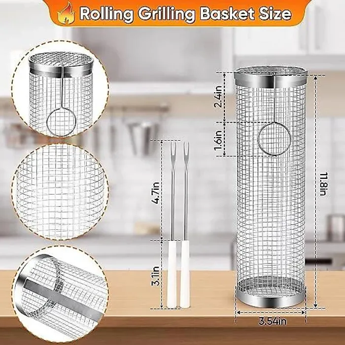 Dyzi Stainless Steel Rolling BBQ Grill Basket Ideal for Vegetables Fish and Meats