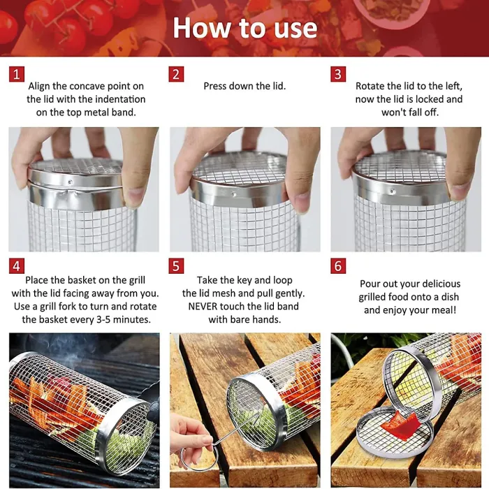 Dyzi Stainless Steel Rolling BBQ Grill Basket Ideal for Vegetables Fish and Meats