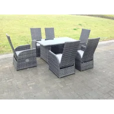 Fimous Outdoor PE Wicker Rattan Garden Furniture Reclining Chair Black Tempered Rectangular Dining Table And Chair Sets 6 Seater