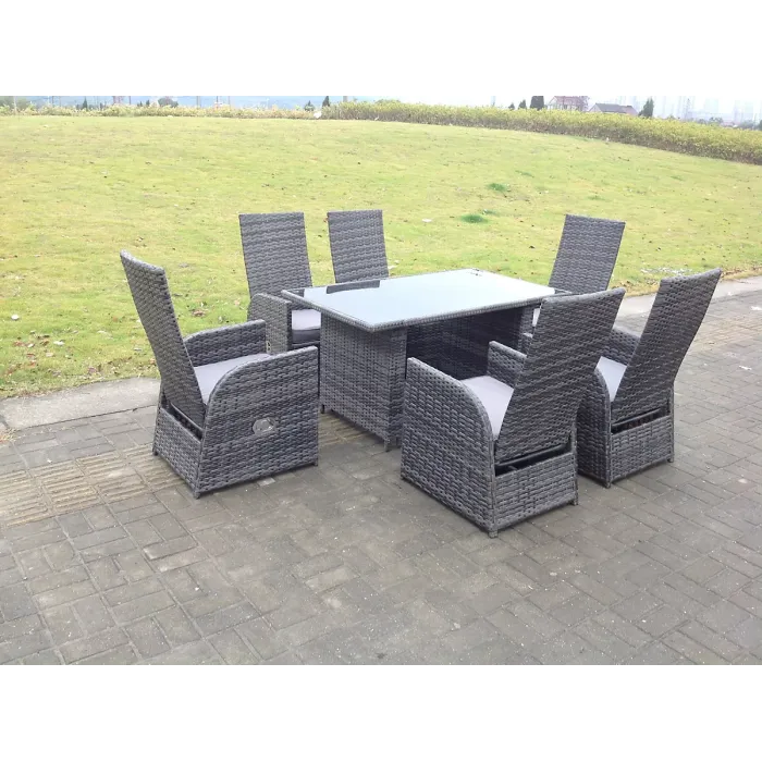 Fimous Outdoor PE Wicker Rattan Garden Furniture Reclining Chair Black Tempered Rectangular Dining Table And Chair Sets 6 Seater