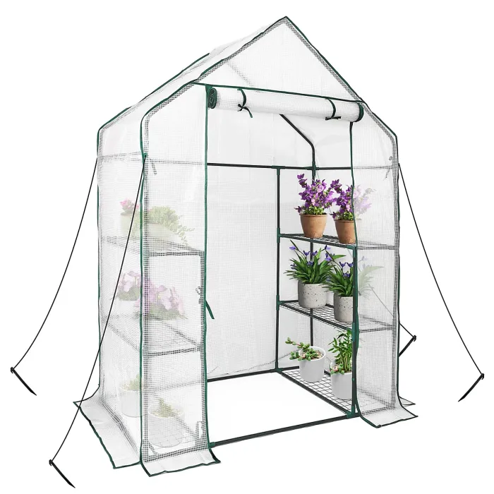 heyfurni Walk in Greenhouse with PE Cover, 3 Tier 6 Shelves with Large Reinforced Tubular Steel Frame, Portable Growhouse