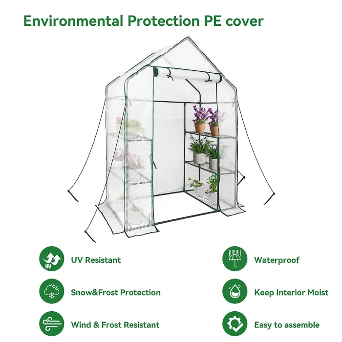 heyfurni Walk in Greenhouse with PE Cover, 3 Tier 6 Shelves with Large Reinforced Tubular Steel Frame, Portable Growhouse