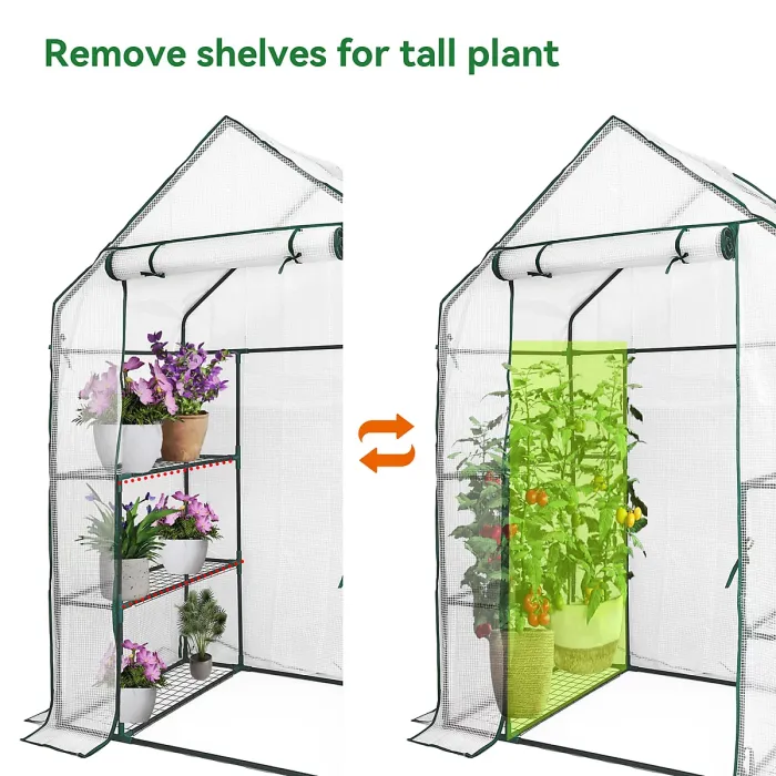 heyfurni Walk in Greenhouse with PE Cover, 3 Tier 6 Shelves with Large Reinforced Tubular Steel Frame, Portable Growhouse