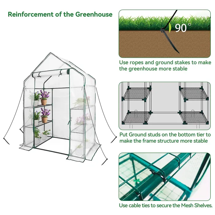 heyfurni Walk in Greenhouse with PE Cover, 3 Tier 6 Shelves with Large Reinforced Tubular Steel Frame, Portable Growhouse