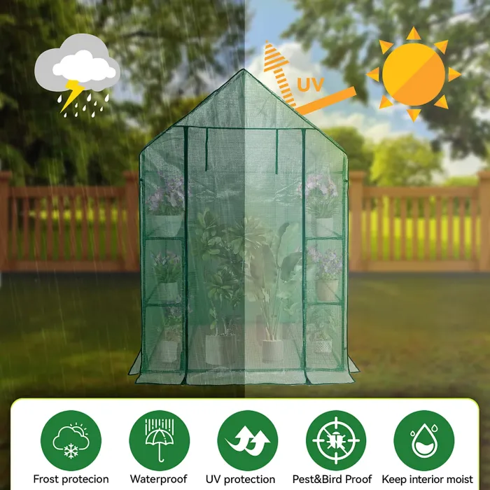 heyfurni Walk in Greenhouse with PE Cover, 3 Tier 6 Shelves Green House with Large Reinforced Tubular Steel Frame, 143x73x195cm