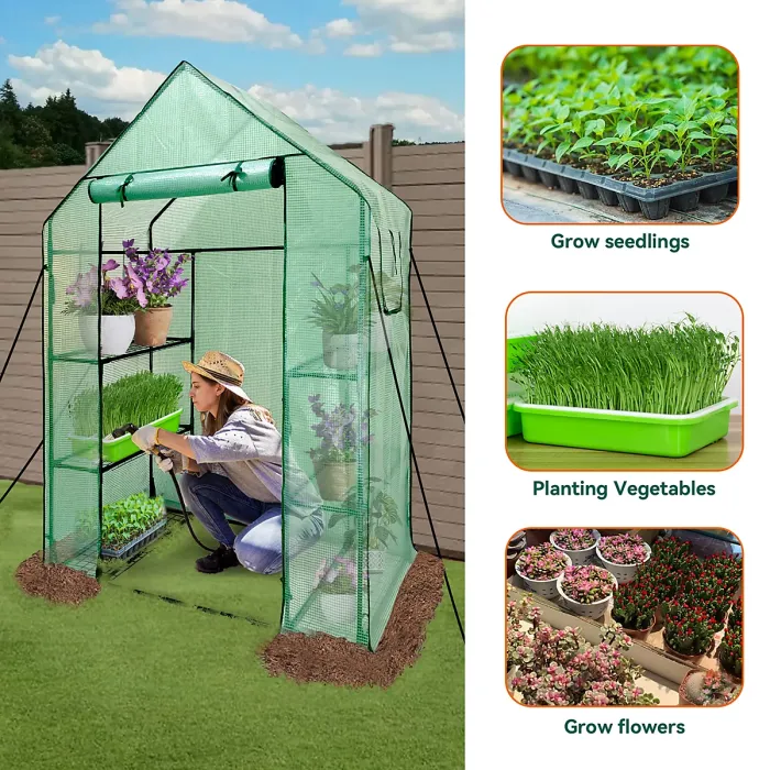 heyfurni Walk in Greenhouse with PE Cover, 3 Tier 6 Shelves Green House with Large Reinforced Tubular Steel Frame, 143x73x195cm