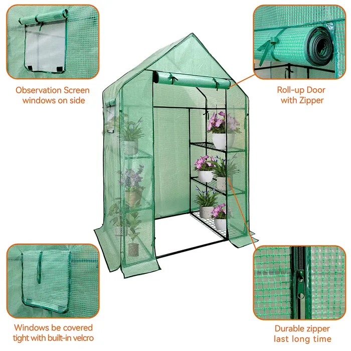heyfurni Walk in Greenhouse with PE Cover, 3 Tier 6 Shelves Green House with Large Reinforced Tubular Steel Frame, 143x73x195cm