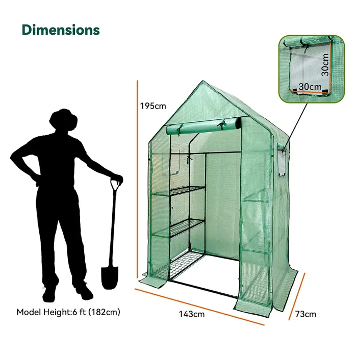 heyfurni Walk in Greenhouse with PE Cover, 3 Tier 6 Shelves Green House with Large Reinforced Tubular Steel Frame, 143x73x195cm