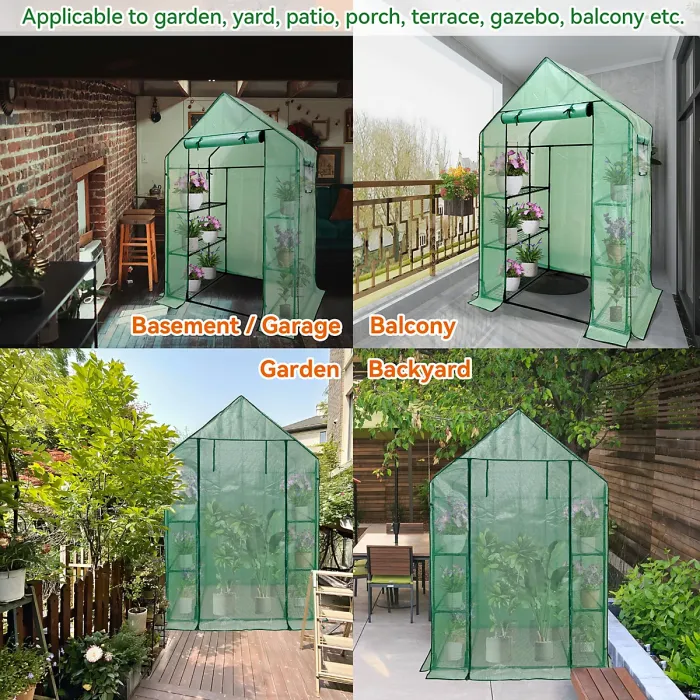 heyfurni Walk in Greenhouse with PE Cover, 3 Tier 6 Shelves Green House with Large Reinforced Tubular Steel Frame, 143x73x195cm