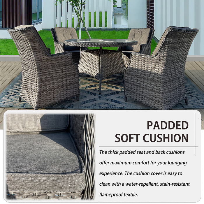 5 Pieces Outdoor Rattan Dining Set, Wicker Dining Sofa Set with Soft Cushion Tempered Glass Table Aluminum Frame