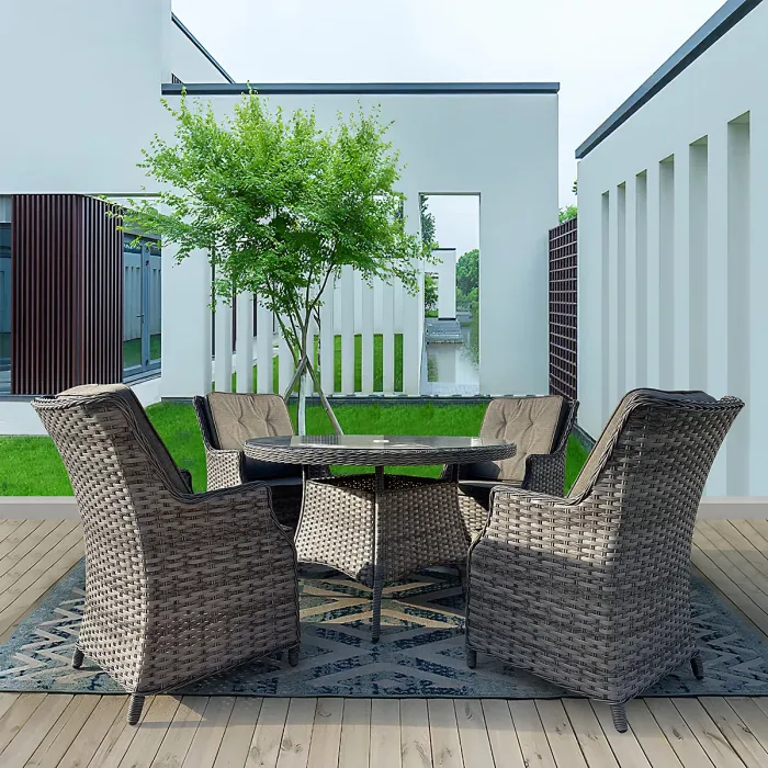 5 Pieces Outdoor Rattan Dining Set, Wicker Dining Sofa Set with Soft Cushion Tempered Glass Table Aluminum Frame