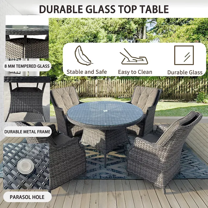 5 Pieces Outdoor Rattan Dining Set, Wicker Dining Sofa Set with Soft Cushion Tempered Glass Table Aluminum Frame
