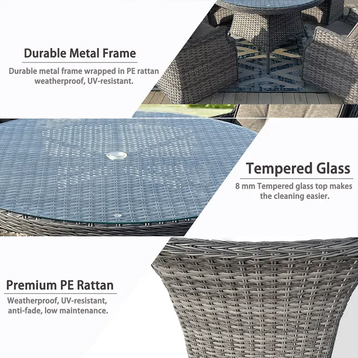 5 Pieces Outdoor Rattan Dining Set, Wicker Dining Sofa Set with Soft Cushion Tempered Glass Table Aluminum Frame