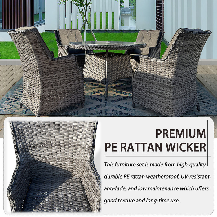 5 Pieces Outdoor Rattan Dining Set, Wicker Dining Sofa Set with Soft Cushion Tempered Glass Table Aluminum Frame