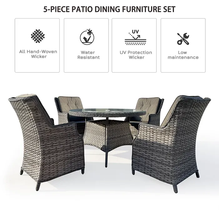 5 Pieces Outdoor Rattan Dining Set, Wicker Dining Sofa Set with Soft Cushion Tempered Glass Table Aluminum Frame