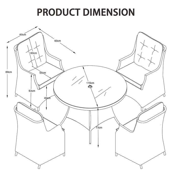 5 Pieces Outdoor Rattan Dining Set, Wicker Dining Sofa Set with Soft Cushion Tempered Glass Table Aluminum Frame