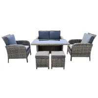 6 Piece Rattan Garden Furniture Set with Tempered Glass Top Table, Padded Sofa, Armchair, Stools - Gray