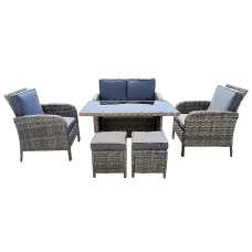 6 Piece Rattan Garden Furniture Set with Tempered Glass Top Table, Padded Sofa, Armchair, Stools - Gray