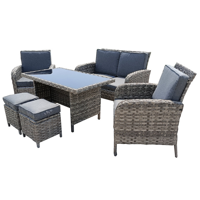 6 Piece Rattan Garden Furniture Set with Tempered Glass Top Table, Padded Sofa, Armchair, Stools - Gray