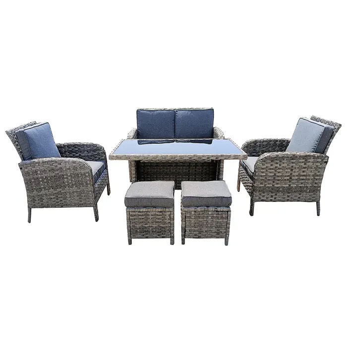 6 Piece Rattan Garden Furniture Set with Tempered Glass Top Table, Padded Sofa, Armchair, Stools - Gray