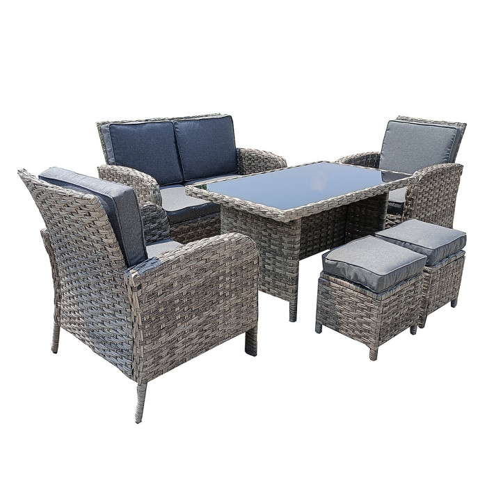 6 Piece Rattan Garden Furniture Set with Tempered Glass Top Table, Padded Sofa, Armchair, Stools - Gray