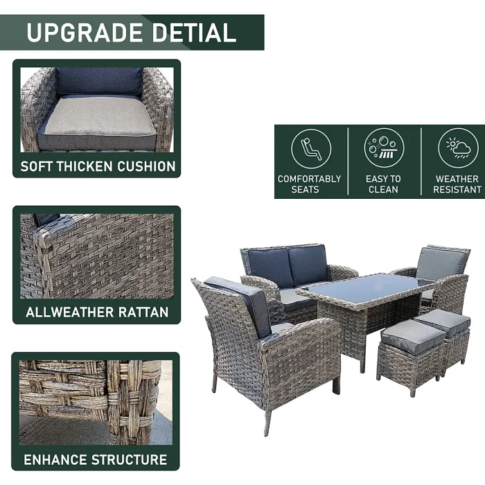 6 Piece Rattan Garden Furniture Set with Tempered Glass Top Table, Padded Sofa, Armchair, Stools - Gray