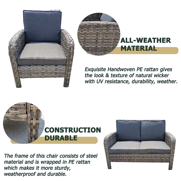 6 Piece Rattan Garden Furniture Set with Tempered Glass Top Table, Padded Sofa, Armchair, Stools - Gray