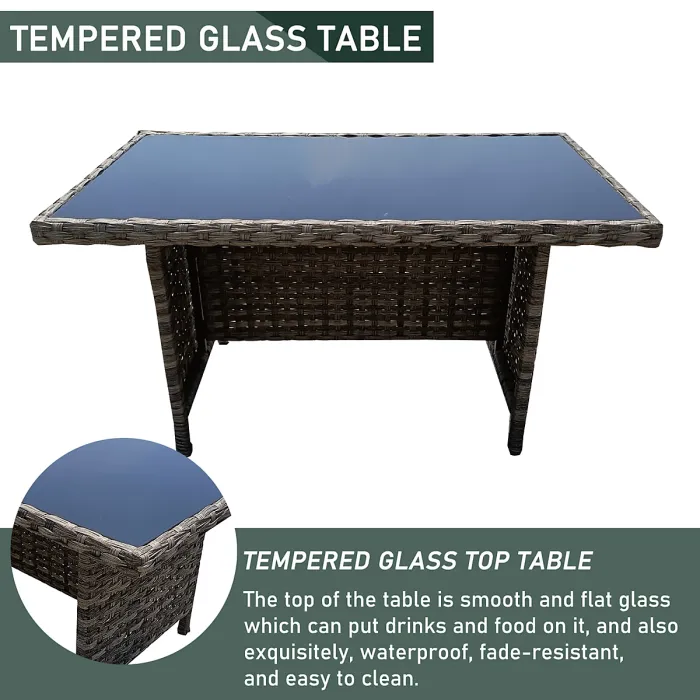 6 Piece Rattan Garden Furniture Set with Tempered Glass Top Table, Padded Sofa, Armchair, Stools - Gray