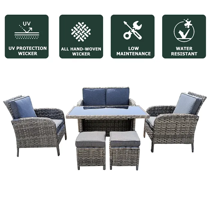 6 Piece Rattan Garden Furniture Set with Tempered Glass Top Table, Padded Sofa, Armchair, Stools - Gray