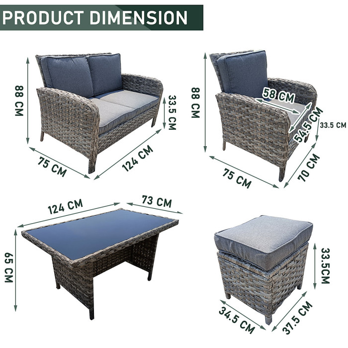 6 Piece Rattan Garden Furniture Set with Tempered Glass Top Table, Padded Sofa, Armchair, Stools - Gray