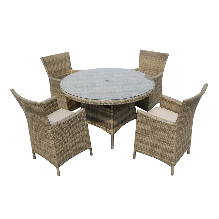 Furniture One Rattan Effect Natural Round 4 Seater Dining Set Table & chair set NO ASSEMBLY & ALUMINIUM FRAME