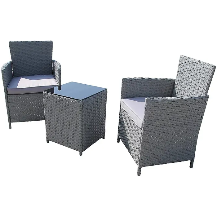 Furniture One Rattan Bistro Set Furniture Grey 3 PCs Patio Weave Companion Chair Table Set 2 Seater