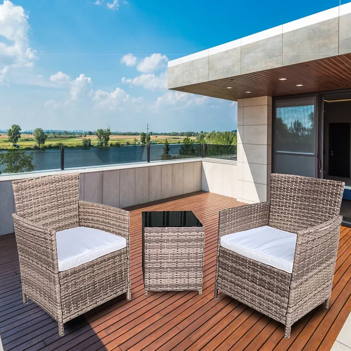 Furniture One Rattan Bistro Set Furniture Nature 3 PCs Patio Weave Companion Chair Table Set 2 Seater